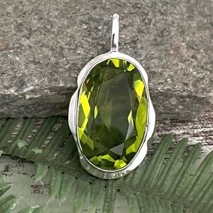 Large Faceted Oval Peridot Sterling Silver 1.7” Pendant